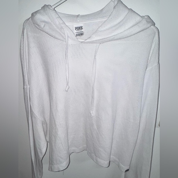 PINK Victoria's Secret Tops - PINK Victoria's Secret White Lightweight Waffle cropped Hoodie